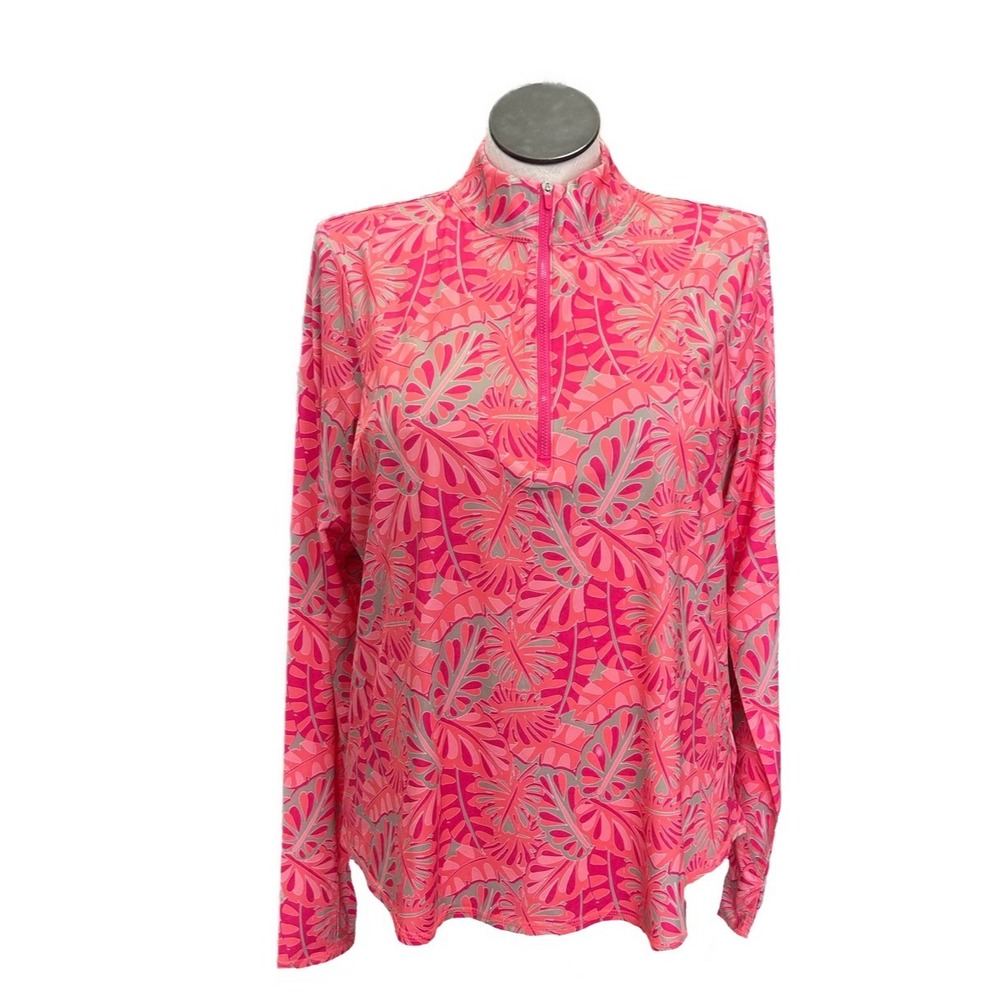 Jofit Womens Magenta Coral Tropical Palm Leaf Quarter Zip Pullover Top Medium‎